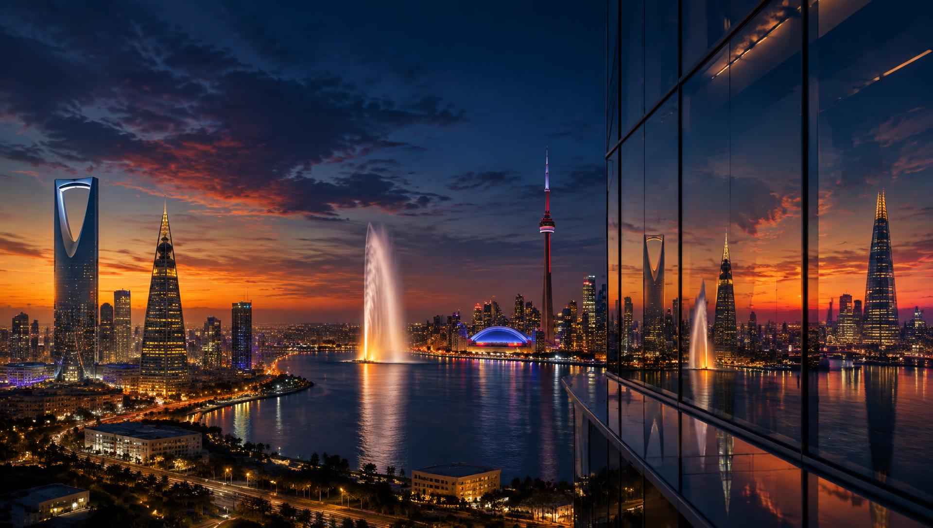 Riyadh, Jeddah, Toronto and London skylines