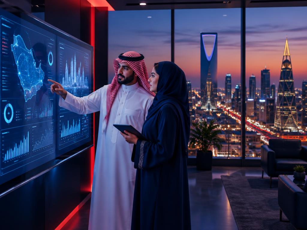 Saudi professionals reviewing digital platforms
